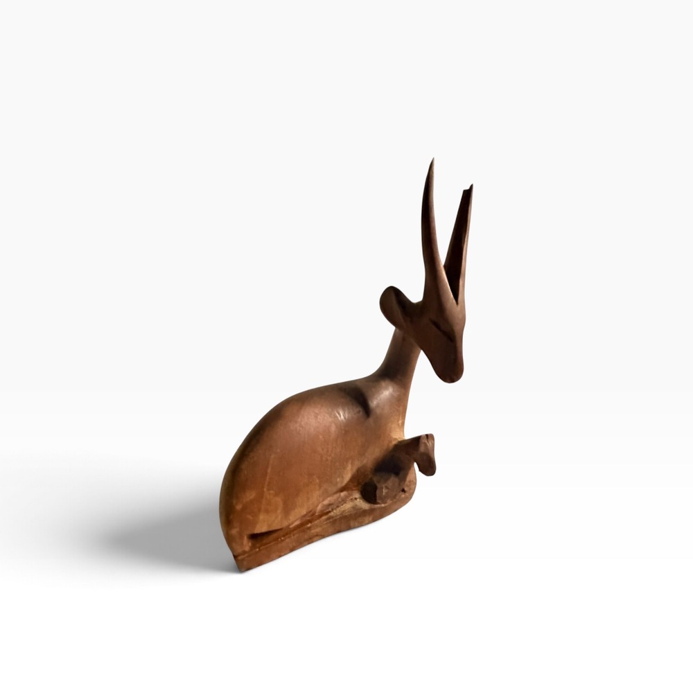 Hand Carved Wood Gazelle Antelope Figurine Brown Mid Century Modern Style Statue